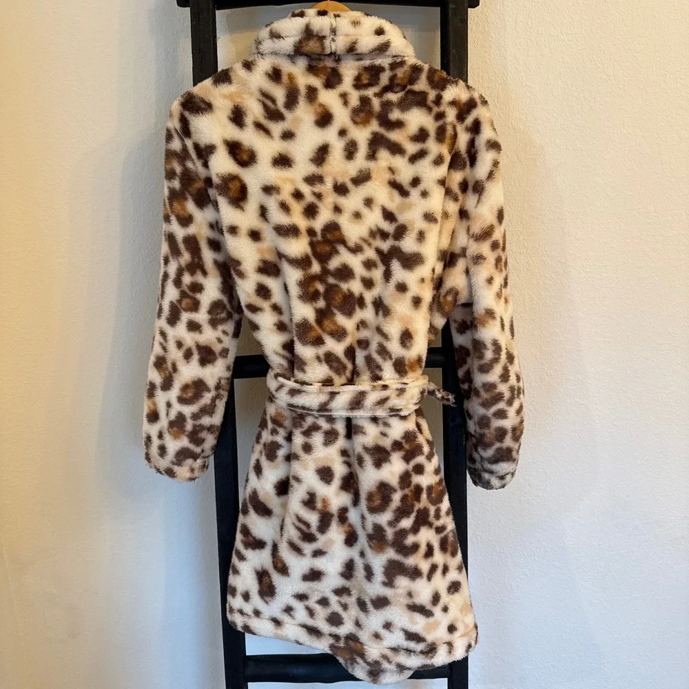 Aerie Leopard Print Fleece Robe Womens M Brown Tan Plush Shawl Collar Belted